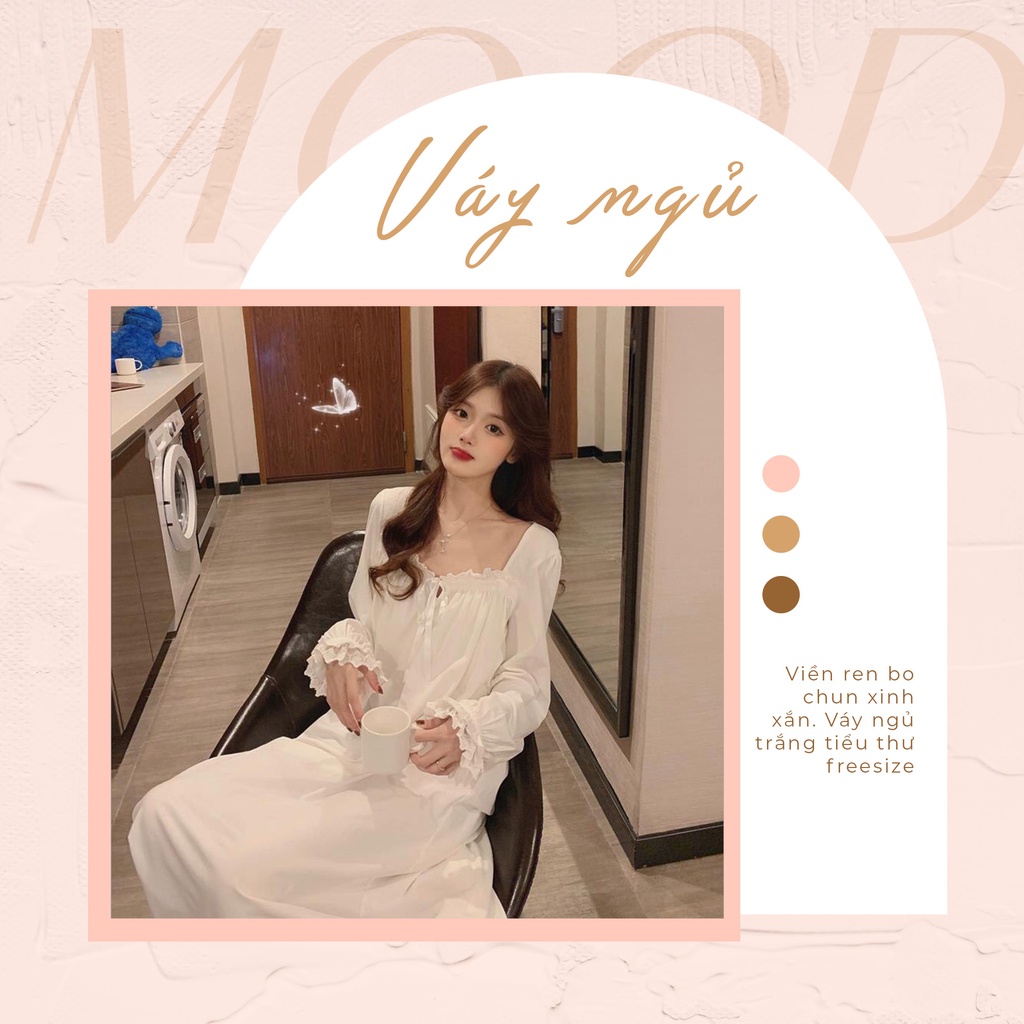 Váy ngủ dài tay mùa xuân, thu | Đầm ngủ mùa đông tay dài phối ren công chúa Hàn Quốc ngọt ngào cao cấp