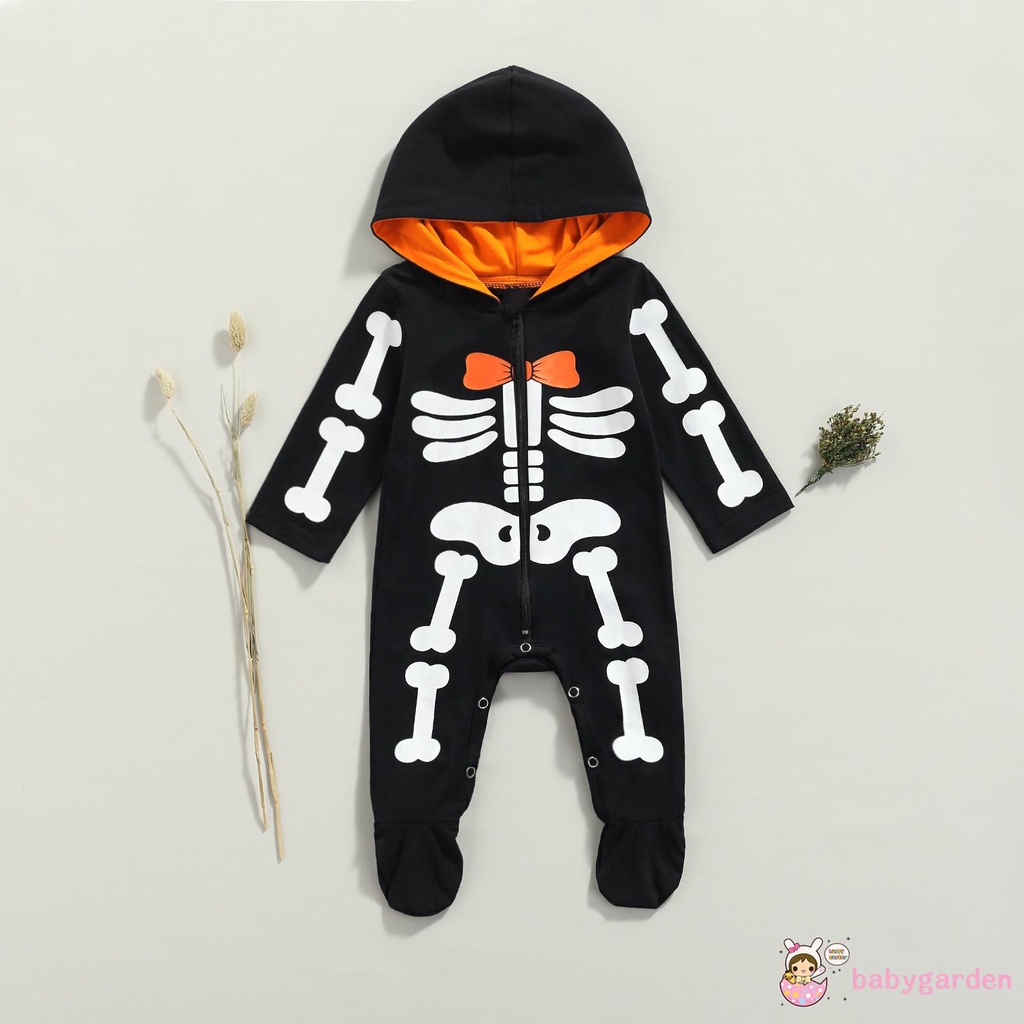 Bộ Áo Liền Quần Tay Dài Có Nón In Hình Bộ Xương Halloween Cho Bé