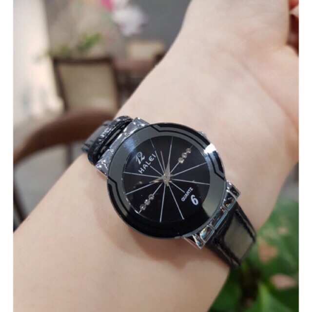 Đồng hồ nữ Halei nữ mặt đen dây da siêu bền