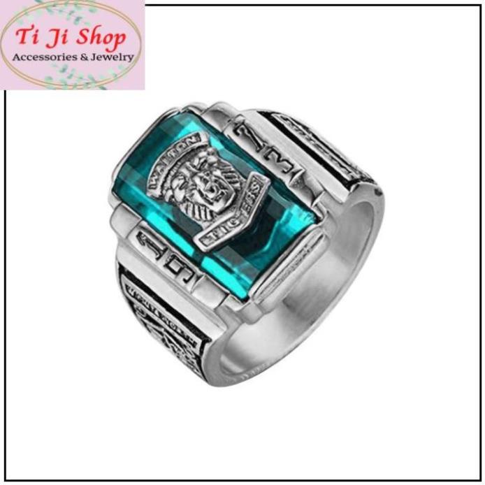 NHẪN NAM INOX SƯ TỬ 1973 ĐÁ XANH NƯỚC BIỂN siêu đẹp