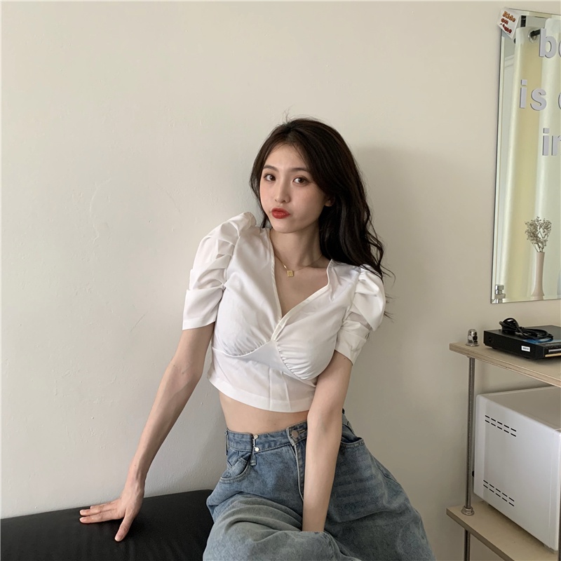 Áo Kiểu Tay Phồng Ngắn Cổ Chữ V Ôm Eo Thời Trang Mùa Hè Đơn Giản Dành Cho Nữ
