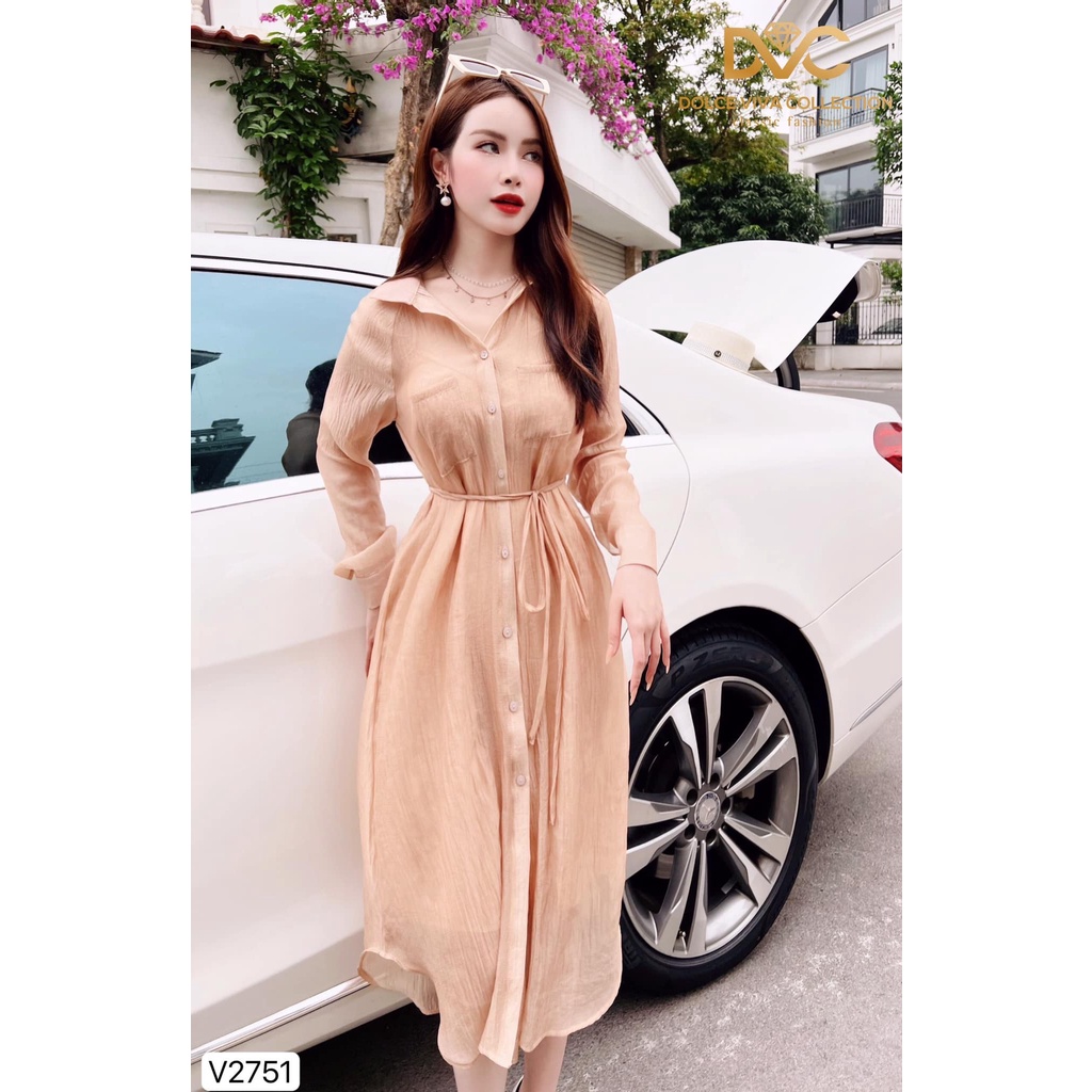 Váy voan tơ hàn kiểu sơ mi dáng dài siêu hot V2751