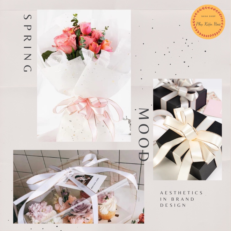 [Cuộn 22m] Dây Ruy Băng Satin Trơn, Lụa Bóng 2 Mặt, Viền Vàng Kim Tuyến, Khổ 2.5cm, CHẤT ĐẸP