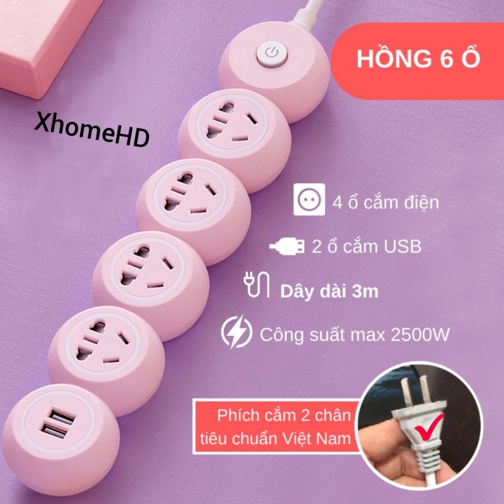 Ổ Cắm Điện Đa Năng Màu Hồng Dễ Thương 2 Cổng USB Có Công Tắc, Dây Dài 3m Gắn Tường Tiện Lợi OD-3399