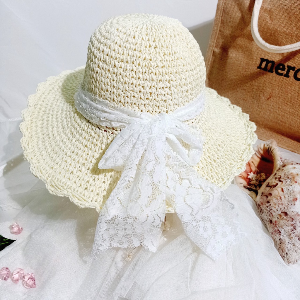 Nón cói,mũ cói nữ mềm nơ ren tiểu thư hàng nhập cao cấp thắt được 2 kiểu_ren trắng 2 kiểu