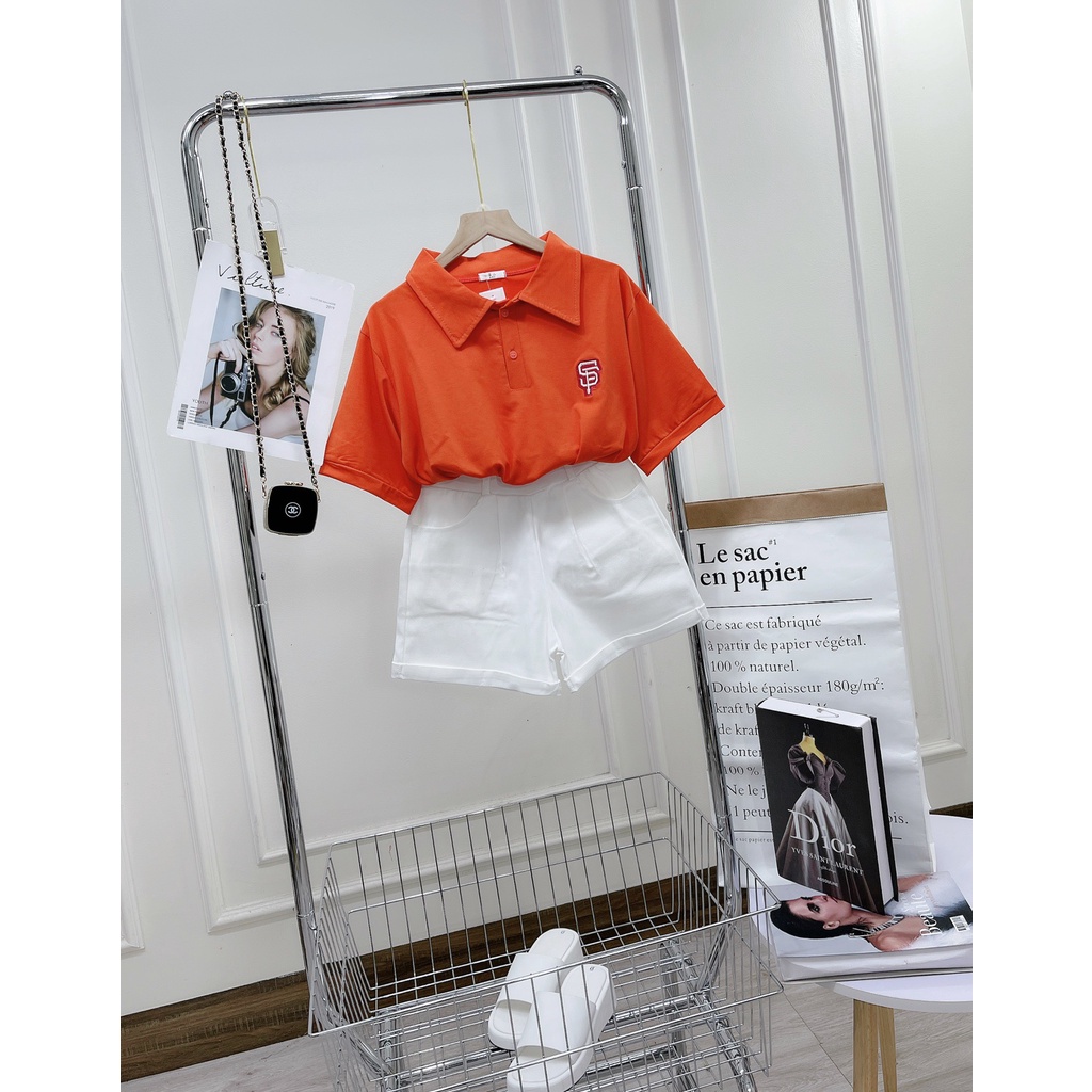 Set áo polo cam thêu nổi mix quần short đùi kaki trắng DN954