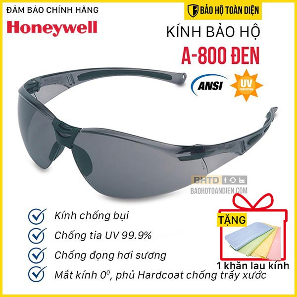 (CHÍNH HÃNG)[TẶNG KHĂN LAU KÍNH] Kính chống bụi Honeywell Sperian A800 đen. Kính bảo hộ chống bụi, chống tia UV