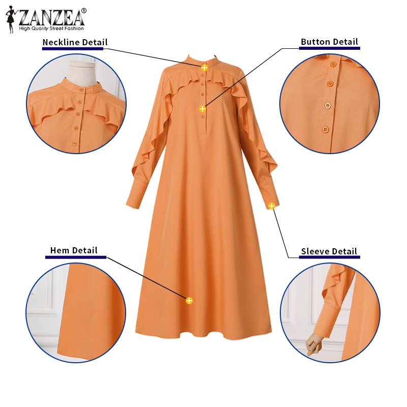 Zanzea Đầm Dài Tay Cổ Đứng Phối Bèo Và Thắt Lưng Phong Cách Châu Âu