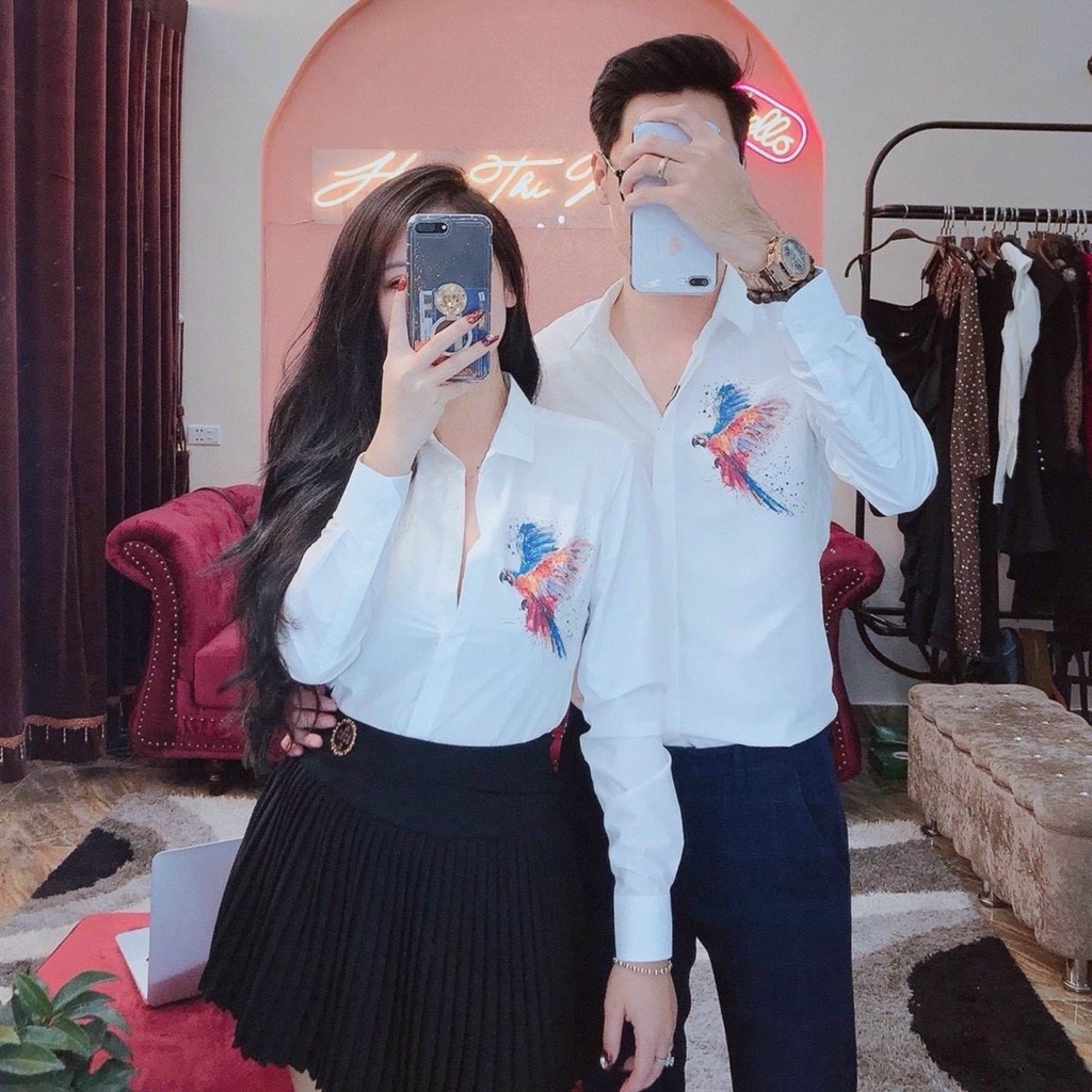 Áo Sơ Mi Cặp Nam Nữ Màu Trắng Trơn In Hình Con Chim Màu Sắc Bắt Mắt-Chất Lụa Cao Cấp Không Nhăn