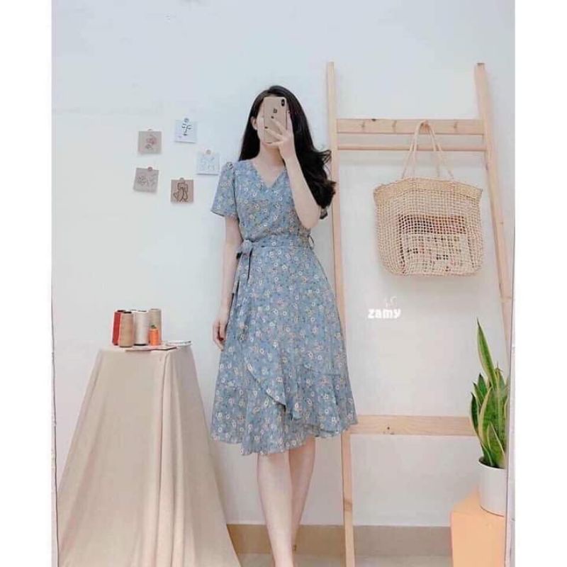VÁY, ĐẦM HOA NHÍ CỔ V CỘT EO KÈM video + ảnh thật