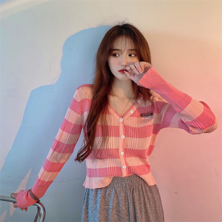 Áo cardigan dệt kim ZHELIHANGFEI tay dài cổ chữ V hoạ tiết kẻ sọc hợp thời trang