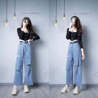 Quần Dài Ống Rộng SIZE MIN Rách Kiểu Lưng Siêu Cao Chuẩn Form Dáng