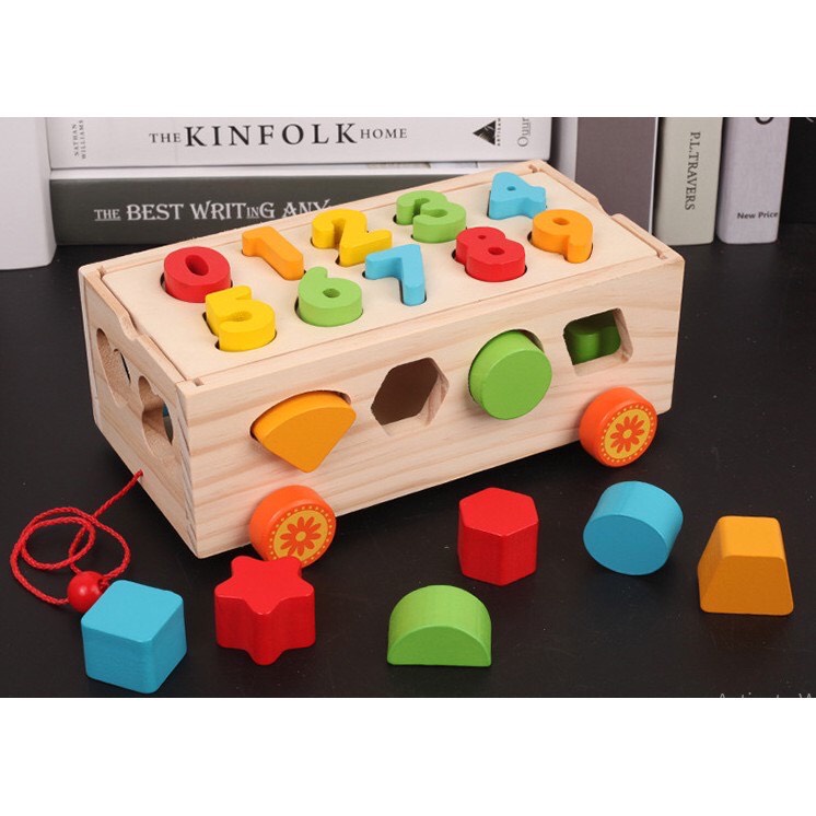 Đồ Chơi Giáo Dục Kết Hợp Vận Động Montessori Xe Kéo Gỗ Thả Hình Kết Hợp Học Số Đếm