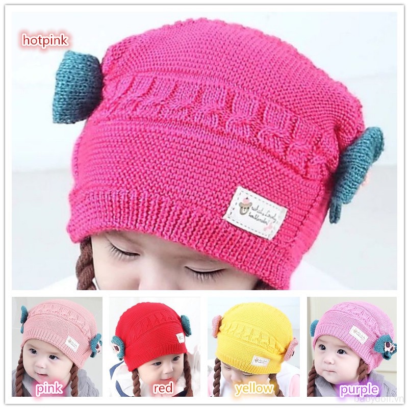 Mũ Cotton Đính Nơ Kèm Tóc Giả Bện Xinh Xắn Cho Bé Gái