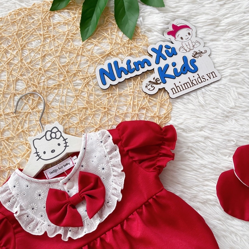 Body Đỏ Đô Tay Ngắn NHÍM XÙ KIDS Cho Bé Gái Sơ Sinh, Đầy Tháng, Thôi Nôi Chất Lụa Ướt Phối Ren Mềm Mướt - B021