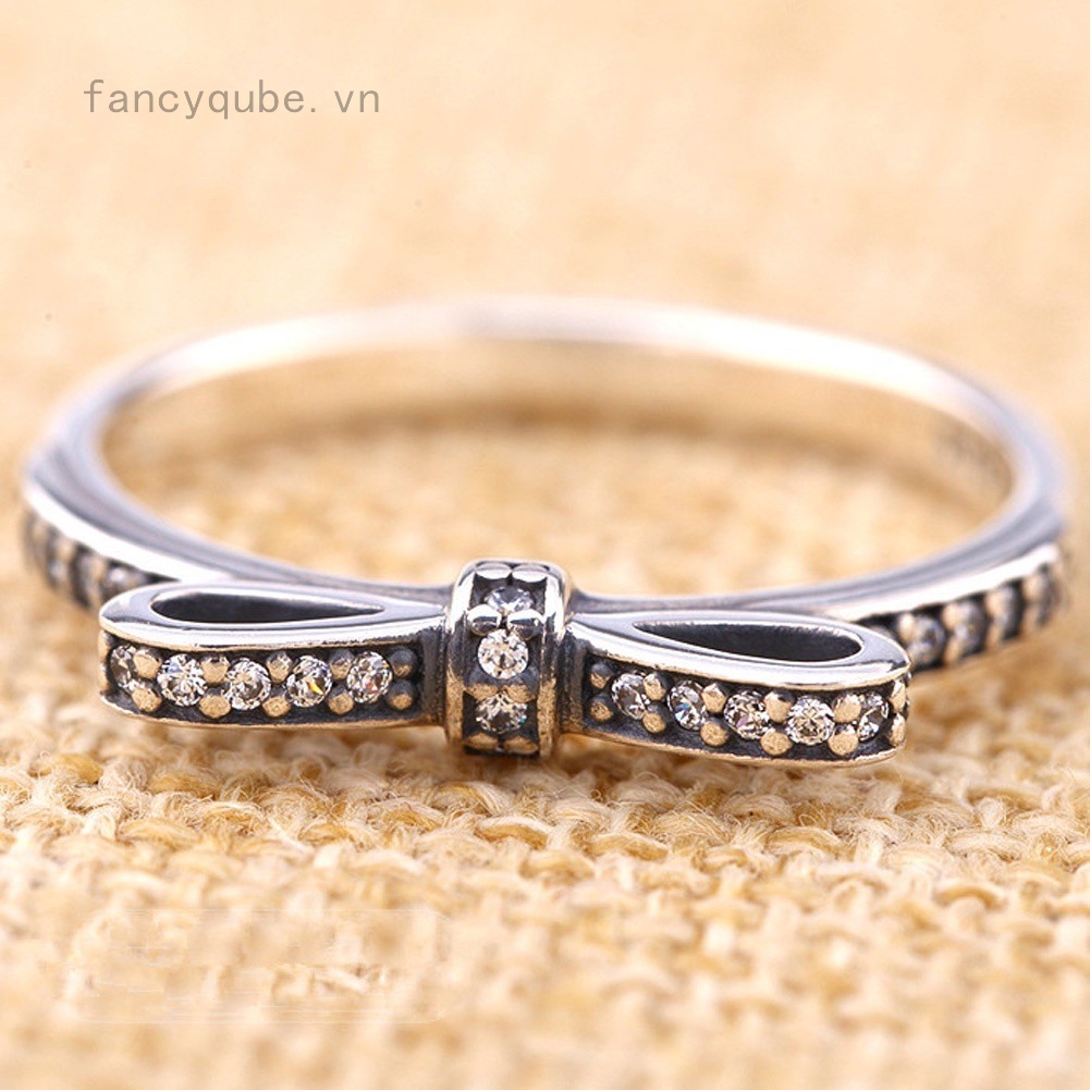 Nhẫn bạc mặt nơ đính đá pha lê kích cỡ 6-10 thời trang