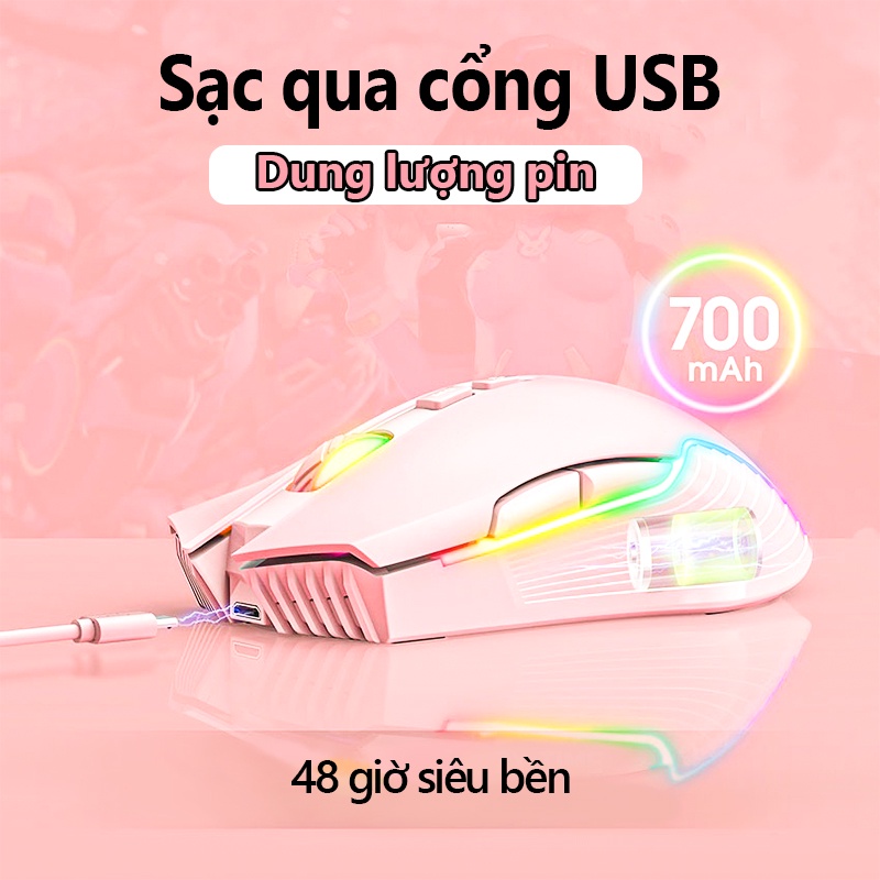 Chuột chơi game bluetooth không dây có thể sạc lại ONIKUMA CW905 màu hồng với đèn RGB, có thể điều chỉnh DPI 5 tốc độ