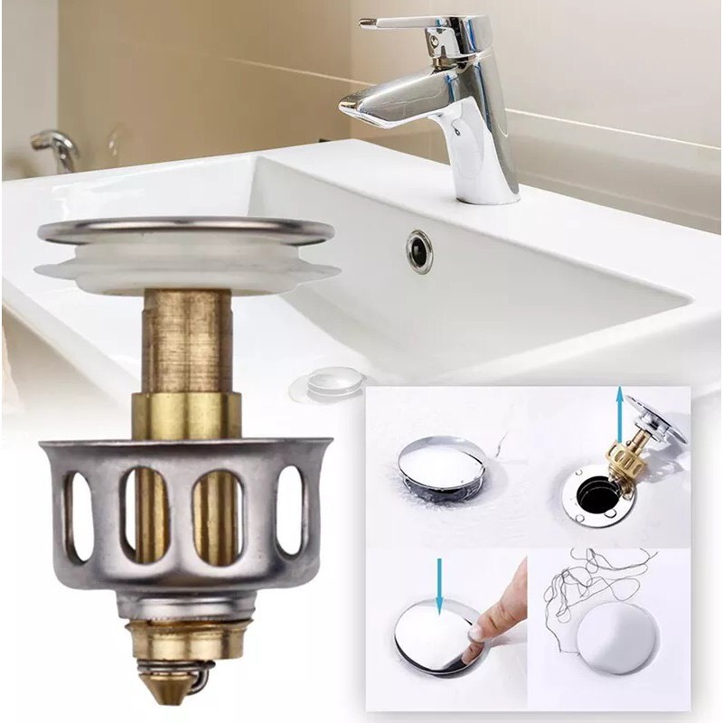 Nút nhấn xả lavabo ruột gà, nắp thoát nước chặn rác lavabo rửa tay