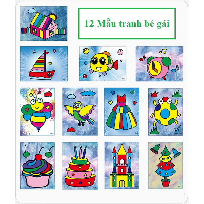 Hết hàng - Bộ tranh cát cho bé 12 tranh + 12 màu cát - Món quà tuyệt vời cho bé yêu