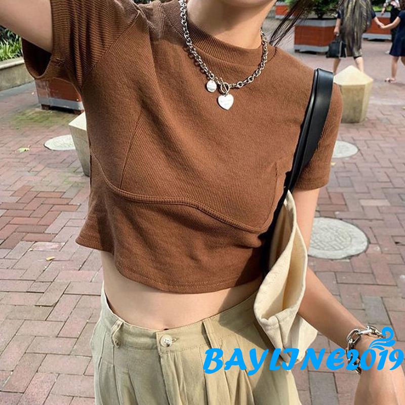 Áo Thun Ngắn Tay Cổ Tròn Màu Sắc Đơn Giản Dành Cho Nữ