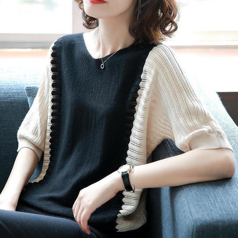 Áo thun dệt kim tay ngắn dáng rộng thời trang mùa hè cho phụ nữ trung niên