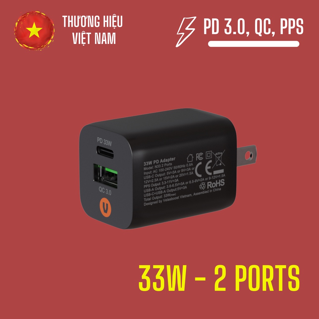 Củ sạc nhanh Velasboost 33w 2 cổng PD + USB, Bảo hành chính hãng 12 tháng lỗi 1 đổi 1