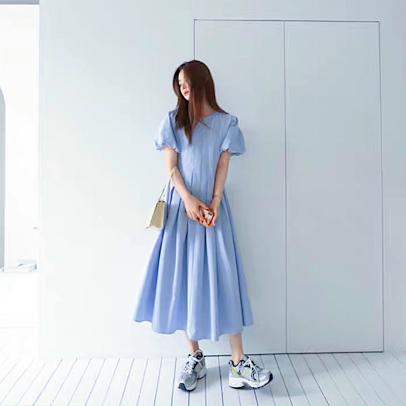 Đầm váy cổ tròn xếp li 4 màu