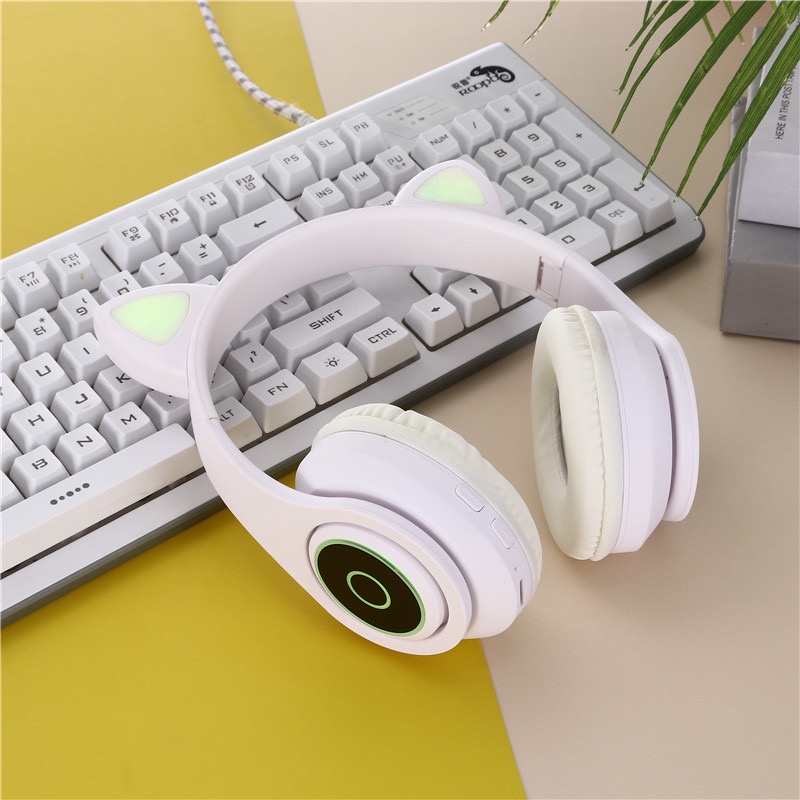 Tai Nghe Chụp Tai Bluetooth Không Dây B39M Tai Mèo Đáng Yêu Có Đèn LED