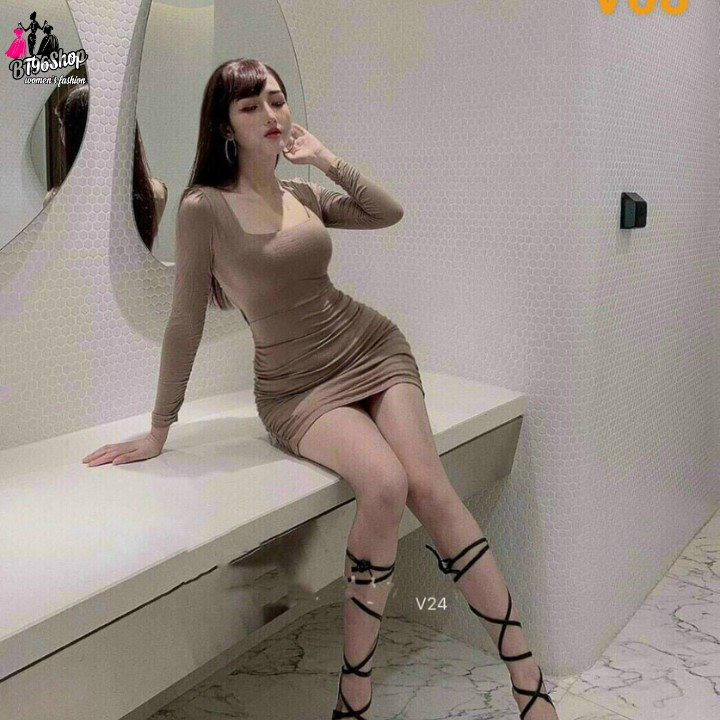 Đầm Nữ Ôm body Cổ Vuông Tay Dài Khoét Lưng Đan Xéo Có Mút Ngực Thun Porip Mẫu Mới