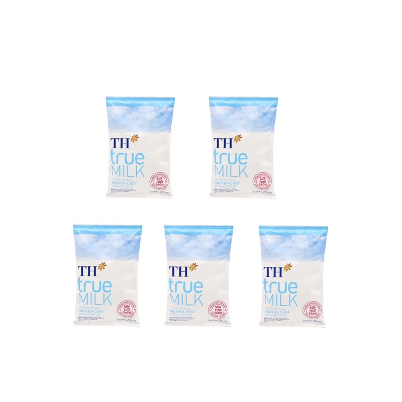 Bộ 5 Bịch Sữa Tươi Tiệt Trùng TH True Milk 220ml Có Đường / Ít Đường / Nguyên Chất