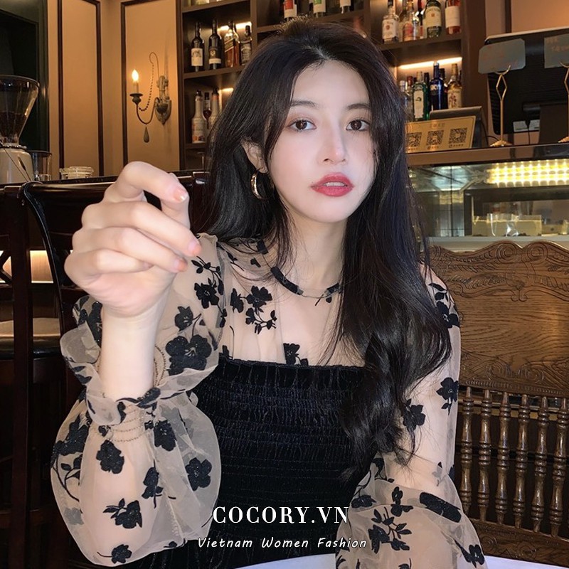Cocory vn Áo Sơ Mi Tay Dài Phối Lưới Họa Tiết Hoa Phong Cách Retro