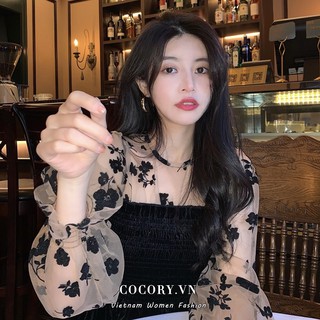 Cocorygirl Áo kiểu tay dài phối lưới họa tiết hoa phong cách retro