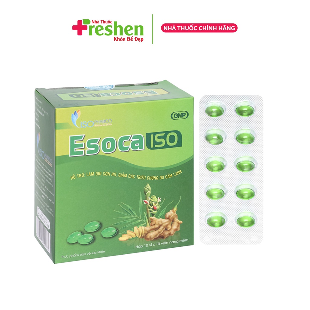 Viên uống hỗ trợ giảm ho, cảm lạnh, đau họng Esoca plus ISO - Hộp 100 viên nang mềm