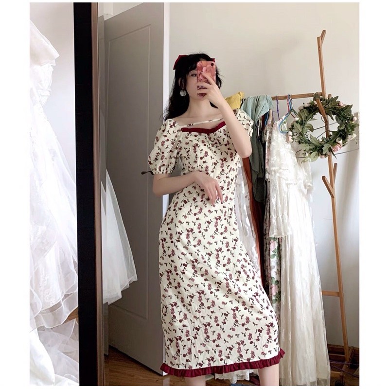 đầm bông lụa dáng suông cổ trễ ngắn tay