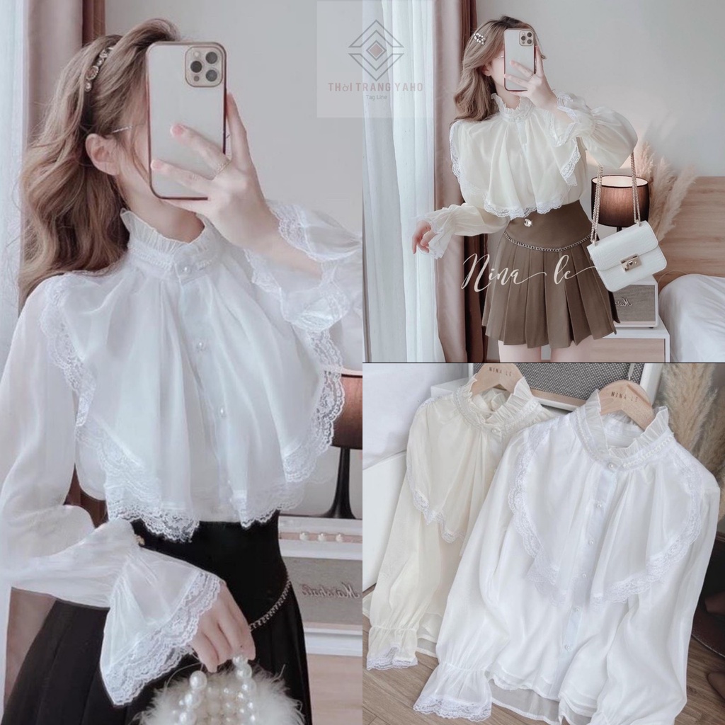 Áo sơ mi nữ kiểu Hàn Quốc bánh bèo tiểu thư đẹp form rộng bigsize cổ ren dài tay phồng màu trắng be - sơ mi nữ họa tiết