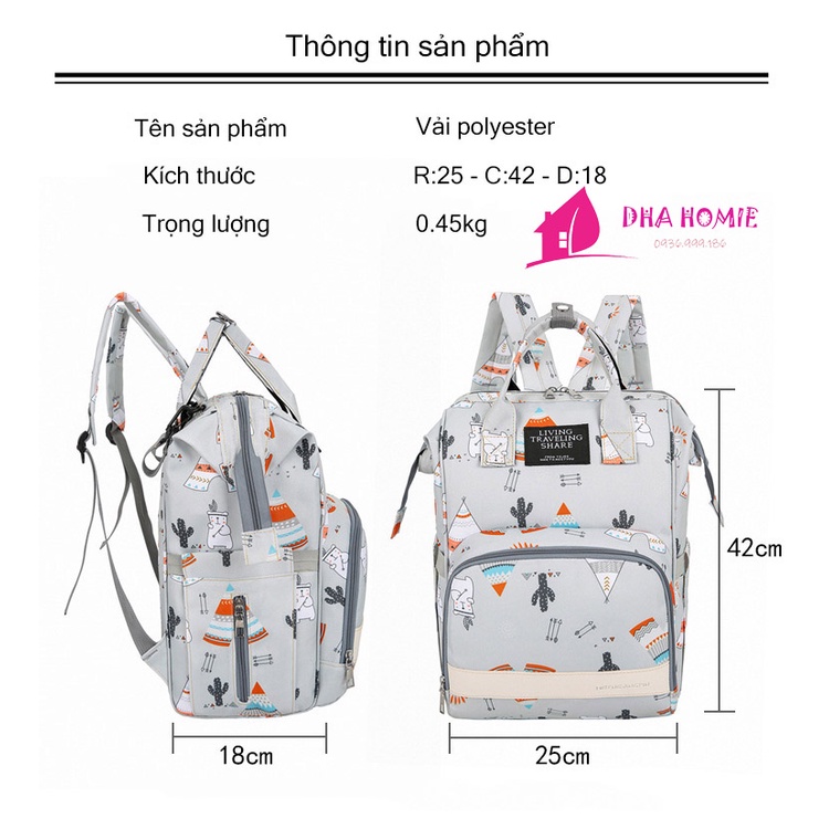 BALO ĐỰNG BỈM SỮA CHO MẸ VÀ BÉ THỜI TRANG 10 NGĂN CHỨA CHỐNG THẤM NƯỚC - DHA HOMIE