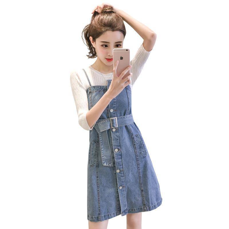 Đầm Yếm Denim Dáng Chữ A Rộng Phong Cách Hàn Quốc Thời Trang Xuân Hè 2018 Mới