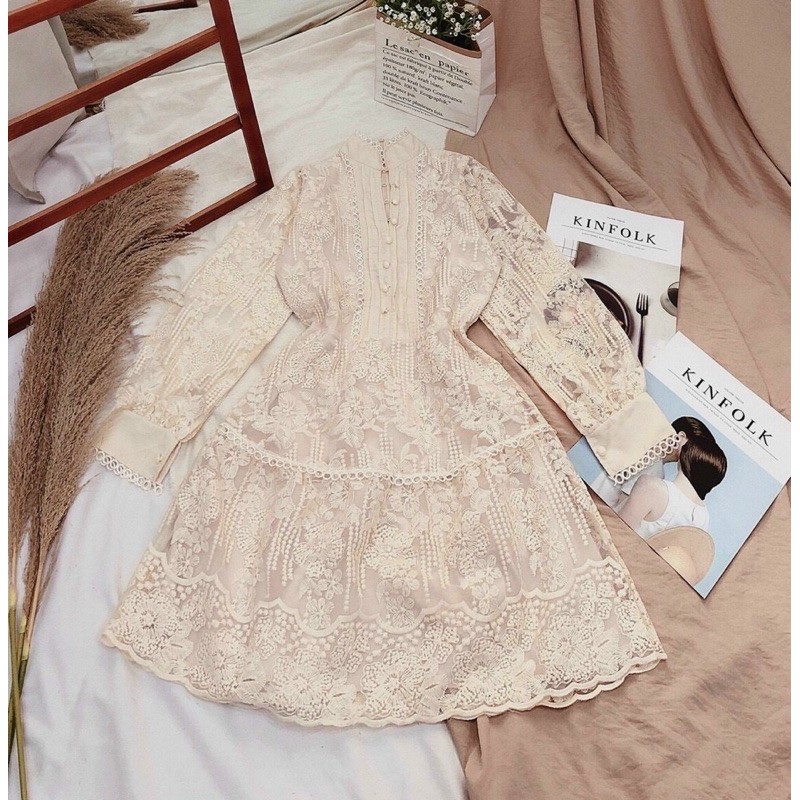 ẢNH THẬT TRẢI SÀN - ĐẦM REN CỔ V ĐUÔI CÁ