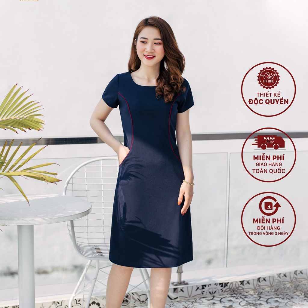 Đầm nữ trung niên form suông thiết kế cao cấp cổ tròn tay ngắn - Màu xanh đen - TTV899 TTV Store