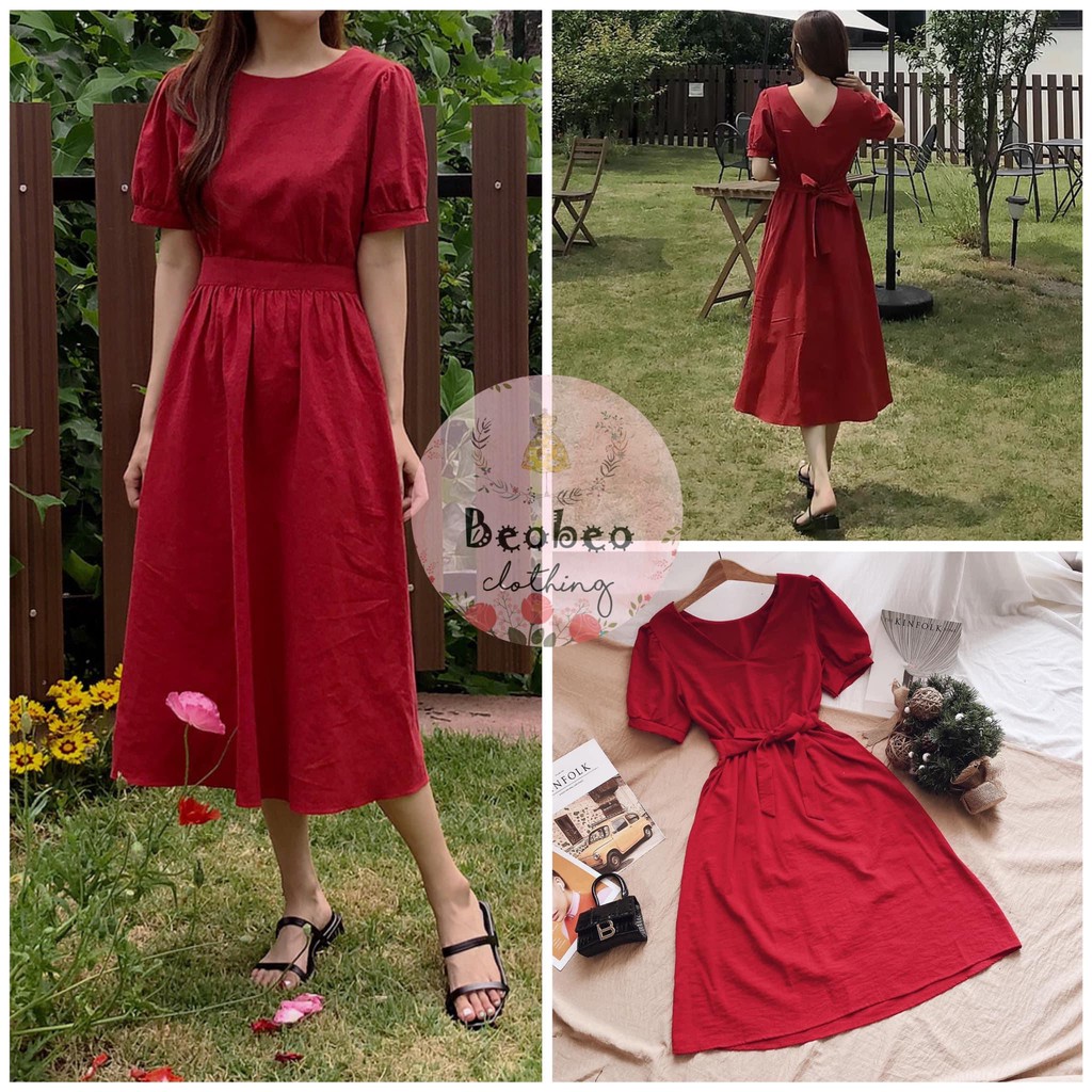Đầm maxi đỏ tay phồng cổ tròn thắt nơ lưng vintage