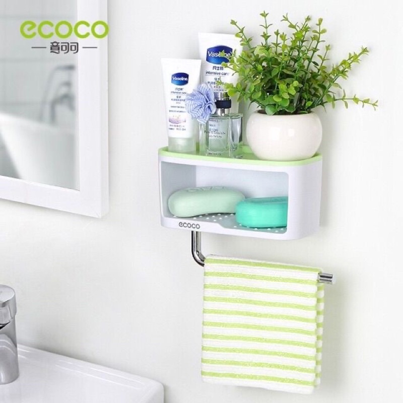 Kệ để đồ nhà tắm, nhà bếp Ecoco kèm giá treo khăn dính tường siêu chắc