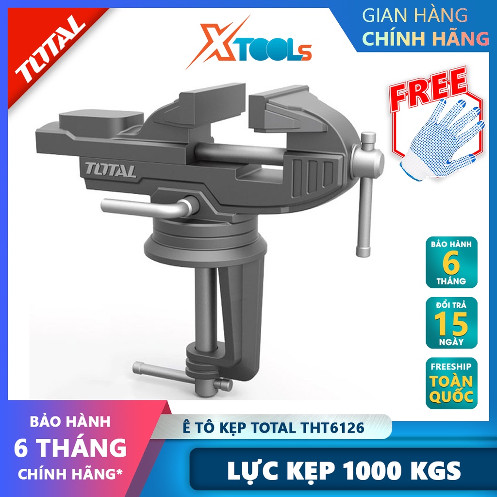 Ê tô kẹp TOTAL THT6126 Ê tô cơ khí Kích thước bàn xoay 60mm Lực kẹp tối đa 1000KGS giữ chặt chi tiết ống thép, thanh thé