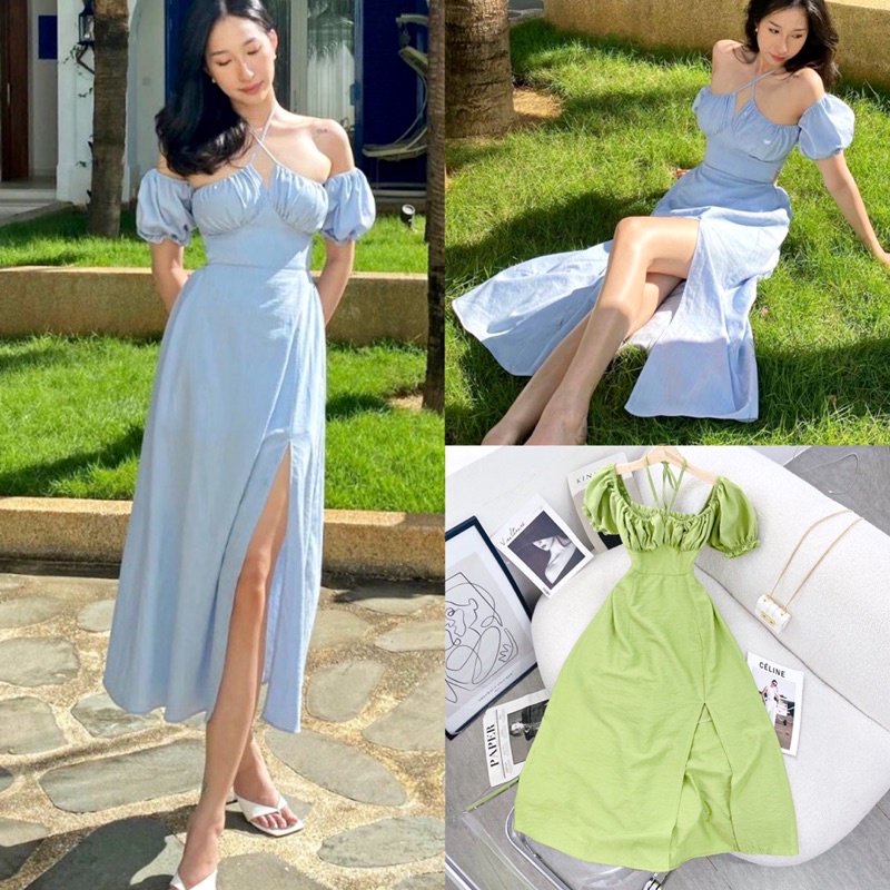 Đầm Maxi - Váy xẻ tà chất đũi Quảng Châu, xếp ly ngực eo thon gọn siêu hack dáng, dây cổ yếm, có mút ngực HK SHOP9720 | BigBuy360 - bigbuy360.vn