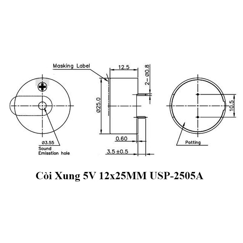 [Còi Hàn Quốc] Còi Xung 5V 12x25MM USP-2505A❤️Còi Tần Số 5V Cho Bản Mạch