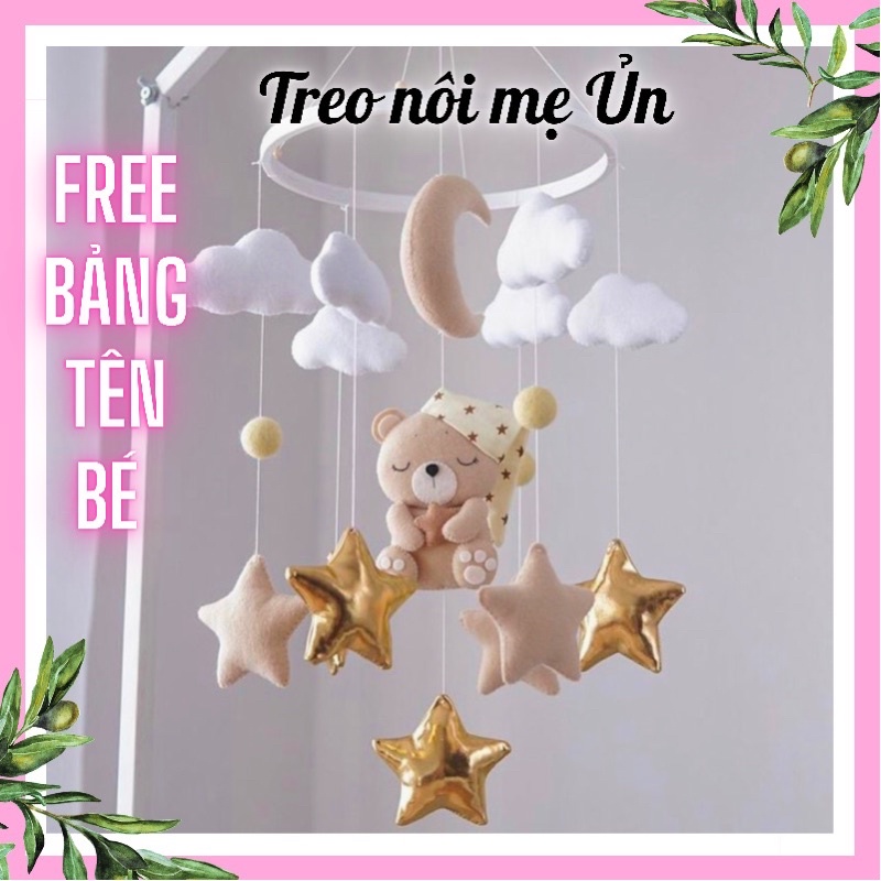 Đồ chơi treo nôi treo cũi kính thích thị giác có nhạc tự xoay handmade cho bé sơ sinh mẫu GẤU NÂU SAO HỒNG BÉ GÁI