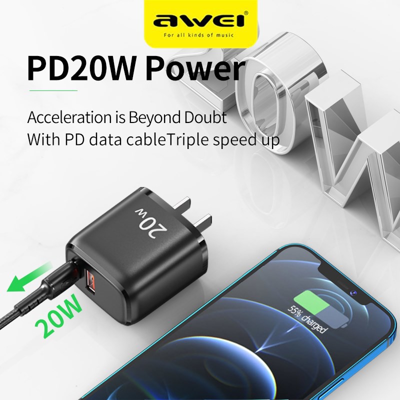 Củ sạc Awei 2021 C6 PD 20W+QC 3.0 2 cổng sạc nhanh màu đen