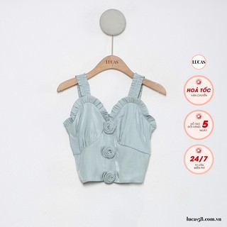 Áo xanh 2 dây bản to cổ viền bèo cúc 3 bông hoa to
