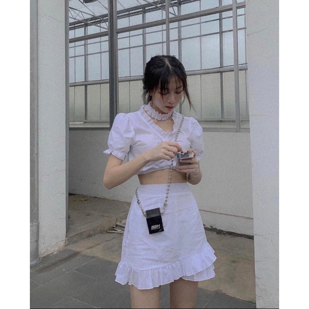 SET VÁY ÁO BÈO RÚT NGỰC CHÂN VÁY BÈO mix CHOCKER TRẮNG - Set Đồ MinTo Áo Croptop Body Chun Rút Kéo + Chân Váy Lưng Thun