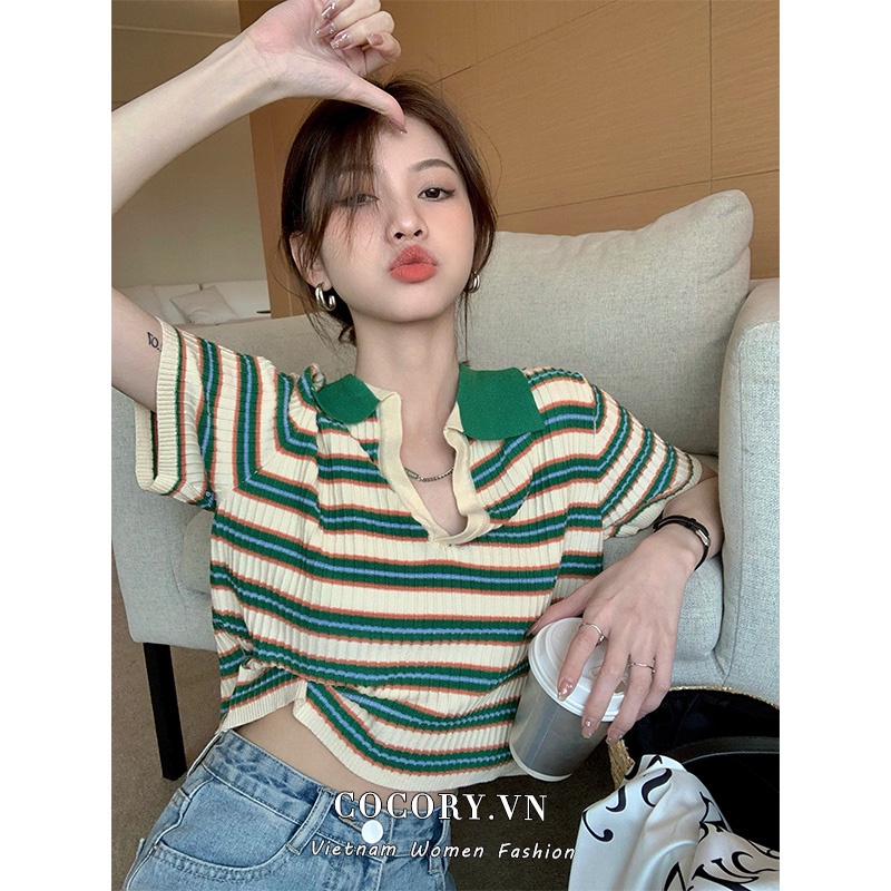 Cocory vn Áo Thun Croptop Tay Ngắn Cổ Polo Họa Tiết Kẻ Sọc Quyến Rũ Thời Trang Mùa Hè Mới Cho Nữ