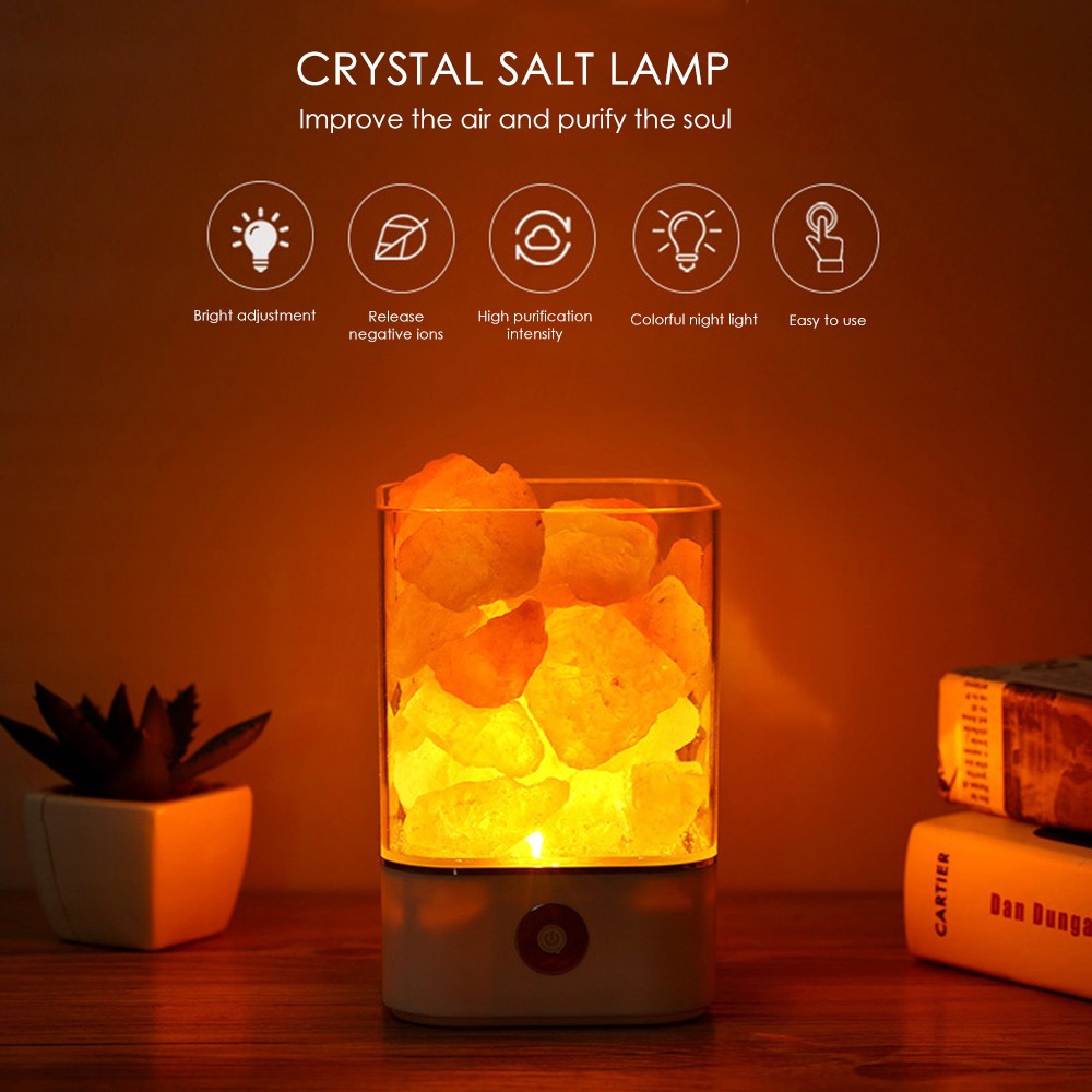 DreamH☛ Salt Lamp Himalayan Crystal Salt Lamp Natural Negative Ion Salt Mine Lamp USB Colorful Night Light ❀